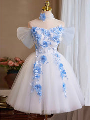 A-Line Tulle Flower White Short Prom Dress, White Homecoming Dress