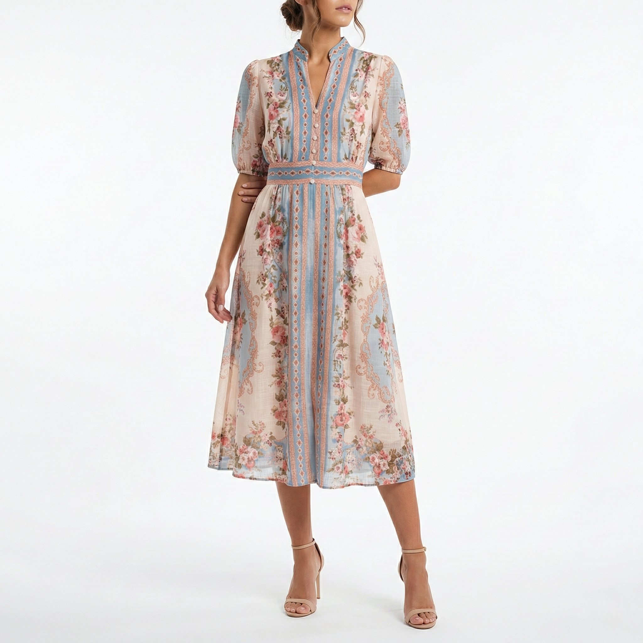 CREAM FLORAL MIDI DRESS WITH BLUE PANEL DETAIL, BUTTON FRONT AND PUFF SLEEVES