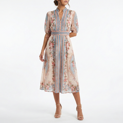 CREAM FLORAL MIDI DRESS WITH BLUE PANEL DETAIL, BUTTON FRONT AND PUFF SLEEVES