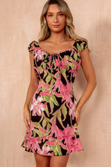 Angie Pink Tropical Puff Sleeve Dress
