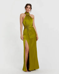 Petite Green Open Back High Neck Side Ruched Gown Ieena for Mac Duggal