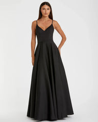 Petite Black Classic A-Line V-Neck Ball Gown - Ieena for Mac Duggal