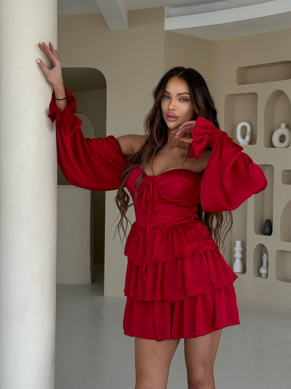 Red Chiffon Mini Dress With Ruffles