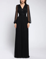 Black Chiffon Lace Long Sleeves Maxi Dress
