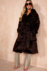 Paulette Chocolate Shaggy Faux Fur Belted Coat