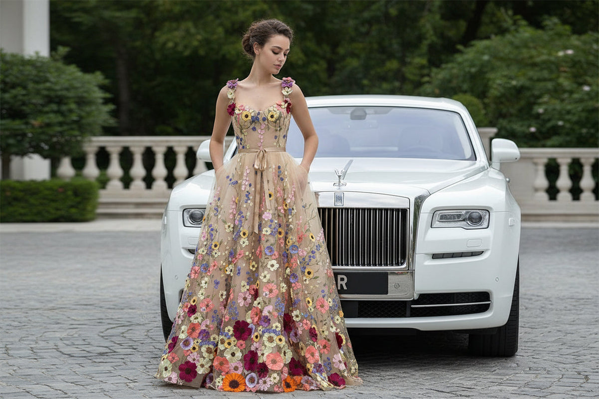 Champagne 3D floral applique prom dress full length view showing cascading blooms from straps to hem