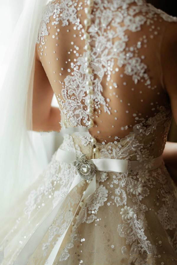 A-line Ivory Tulle Long Sleeve Lace Wedding Dress with Pearls - FlosLuna