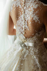 A-line Ivory Tulle Long Sleeve Lace Wedding Dress with Pearls - FlosLuna