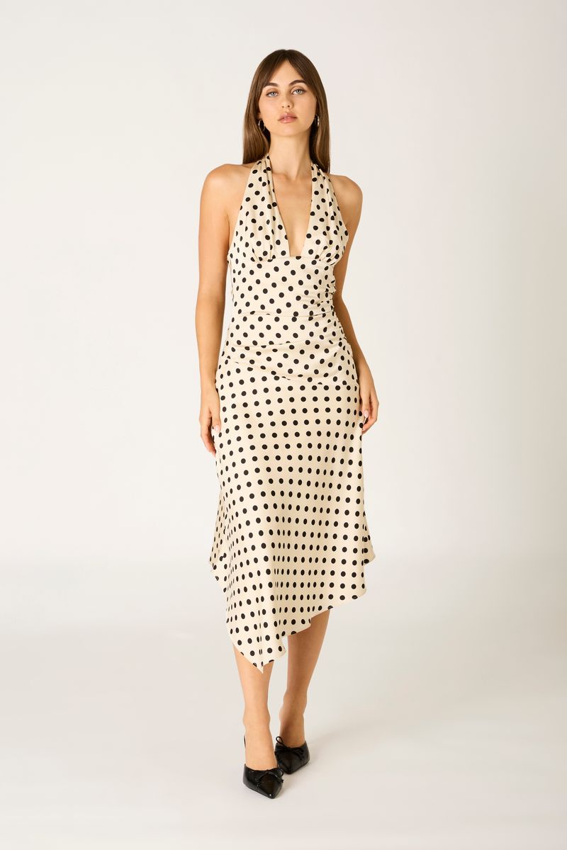 Polka Dot Halter Midi Dress in ivory front view