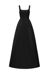 Black taffeta silk lined maxi dress by I.H.F, featuring elegant flowy fabric and a sophisticated silhouette.