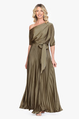 "Leah" Pleated Hammered Satin Off The Shoulder Belted Dress