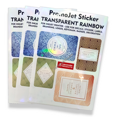 A4 Transparent Rainbow Promojet Sticker for waterproof cosmetic bottle labeling and bespoke beauty brand marketing.