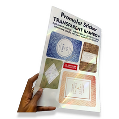 A4 Transparent Rainbow Promojet Sticker for personalized gift box branding and event promotion merchandise printing.