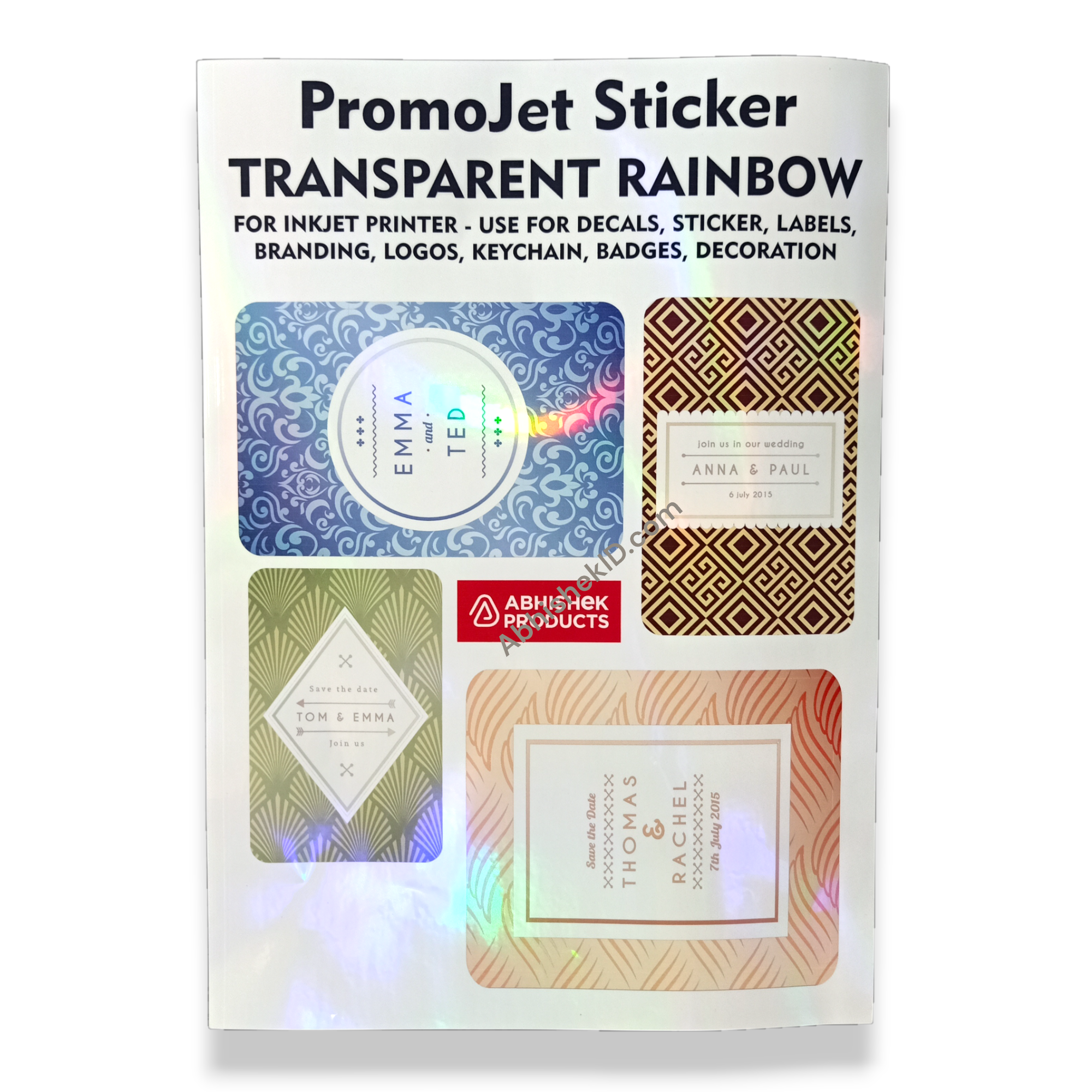 A4 Transparent Rainbow Promojet Sticker for shiny surface tag printing and craft shop inventory branding.