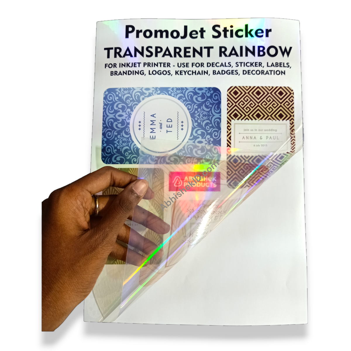 A4 Transparent Rainbow Promojet Sticker for inkjet label printing and branding for commercial merchandise packaging.