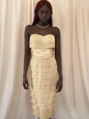 Vintage 1950s Silk Ecru Strapless Fringe Dress | Old Hollywood Glamour Evening Gown