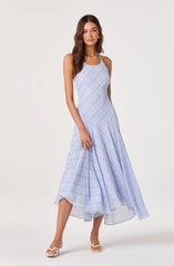 Light blue plaid sleeveless dress with a fitted bodice and a flowing, asymmetrical hemline.