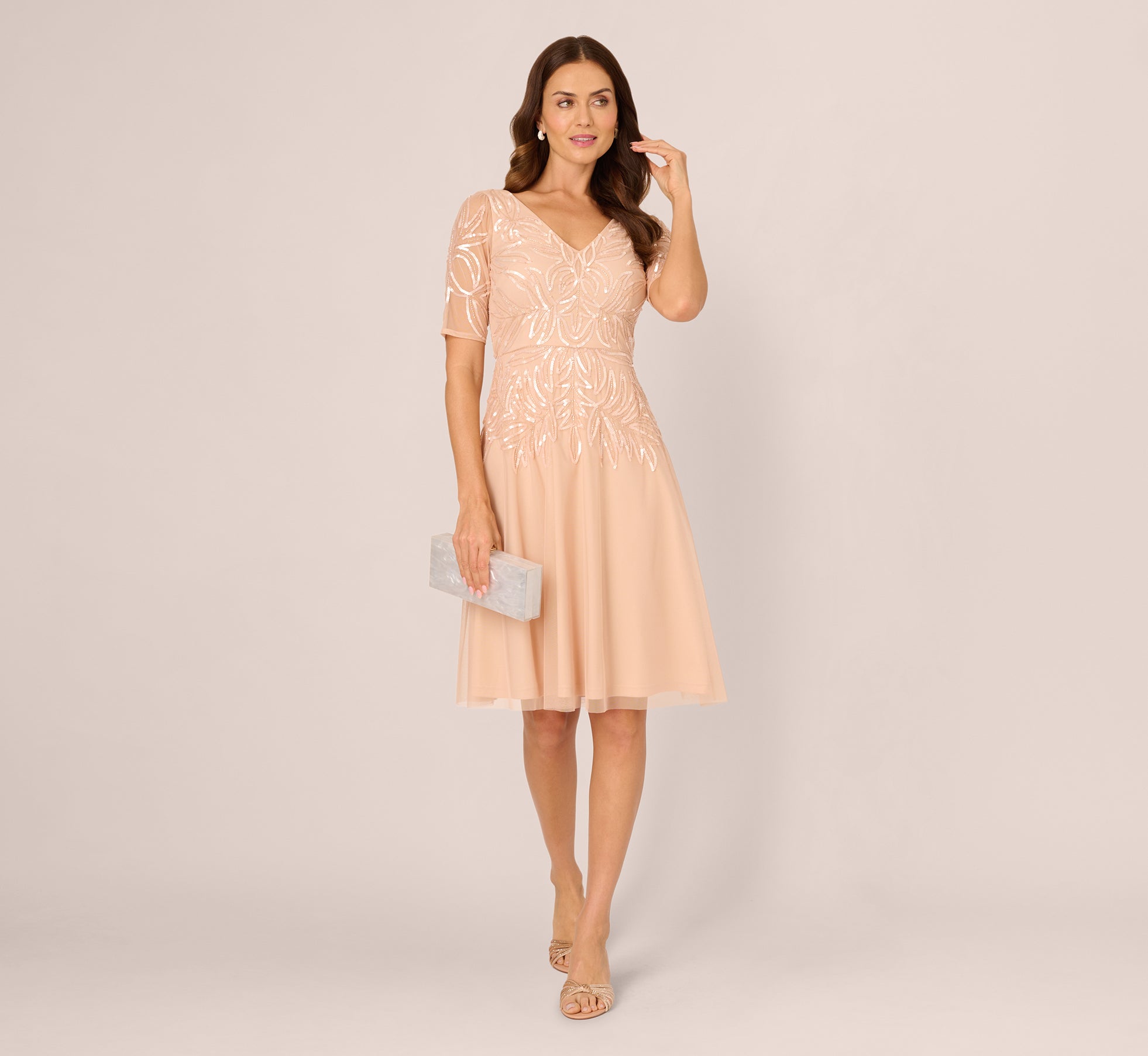 Short Sleeve Sequin Bead Midi Dress In Blush