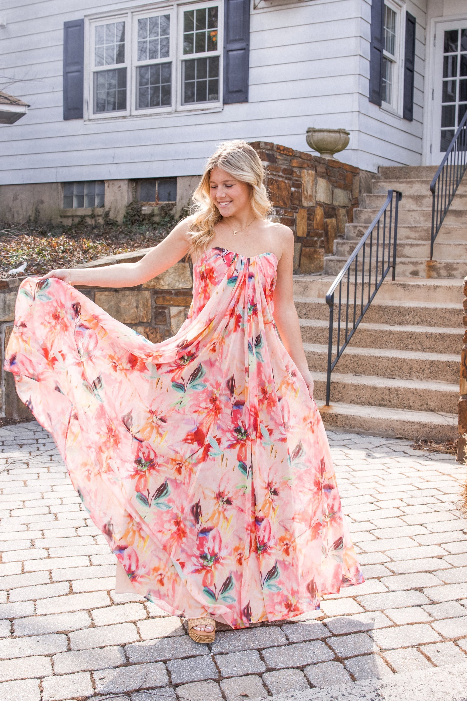 Brooke Chiffon Maxi Dress in Coral Multi