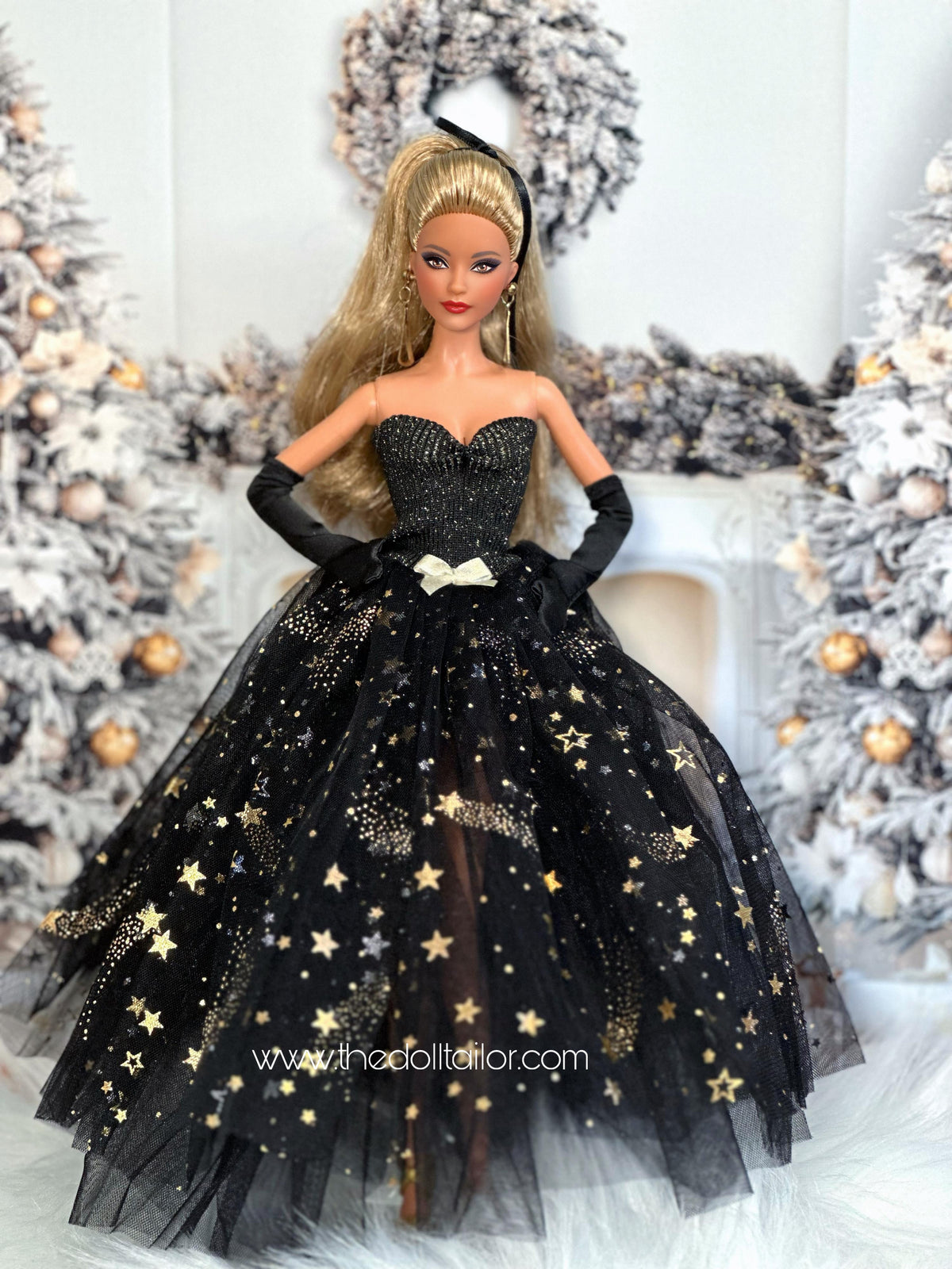 Black wedding dress with gold accents for barbie dolls