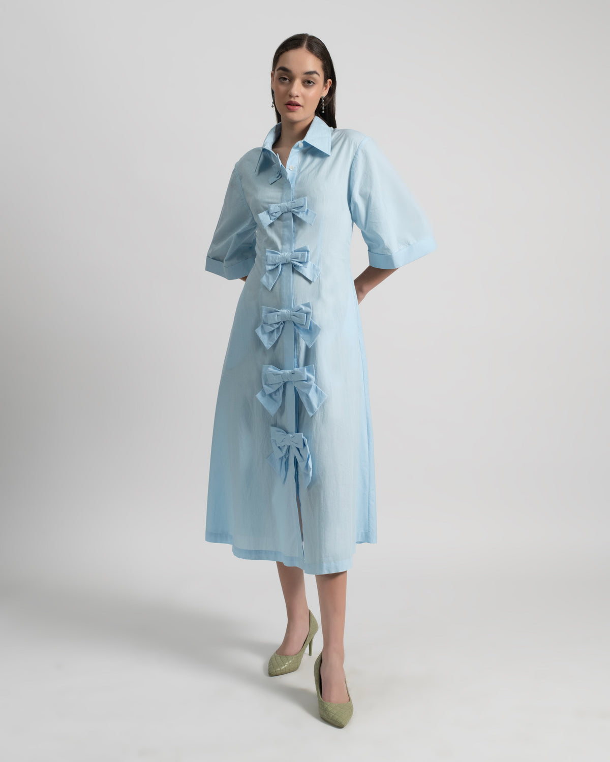 Carmel Cotton Poplin Midi Shirt Dress with Bow Detail