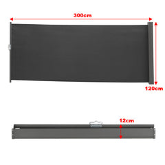 300x120CM Retractable Side Awning Garden Privacy Screen Windbreak Sunshade, Grey