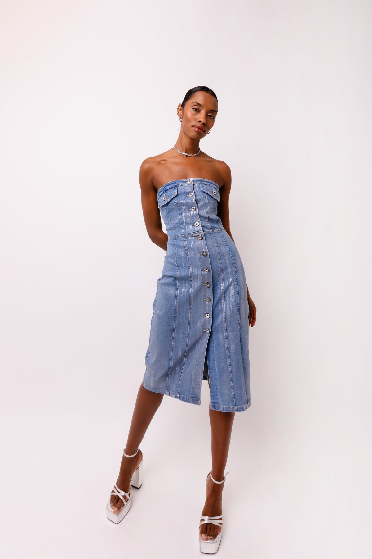 Sadie Stretch Metallic Light Denim Midi Dress-ALCM0007