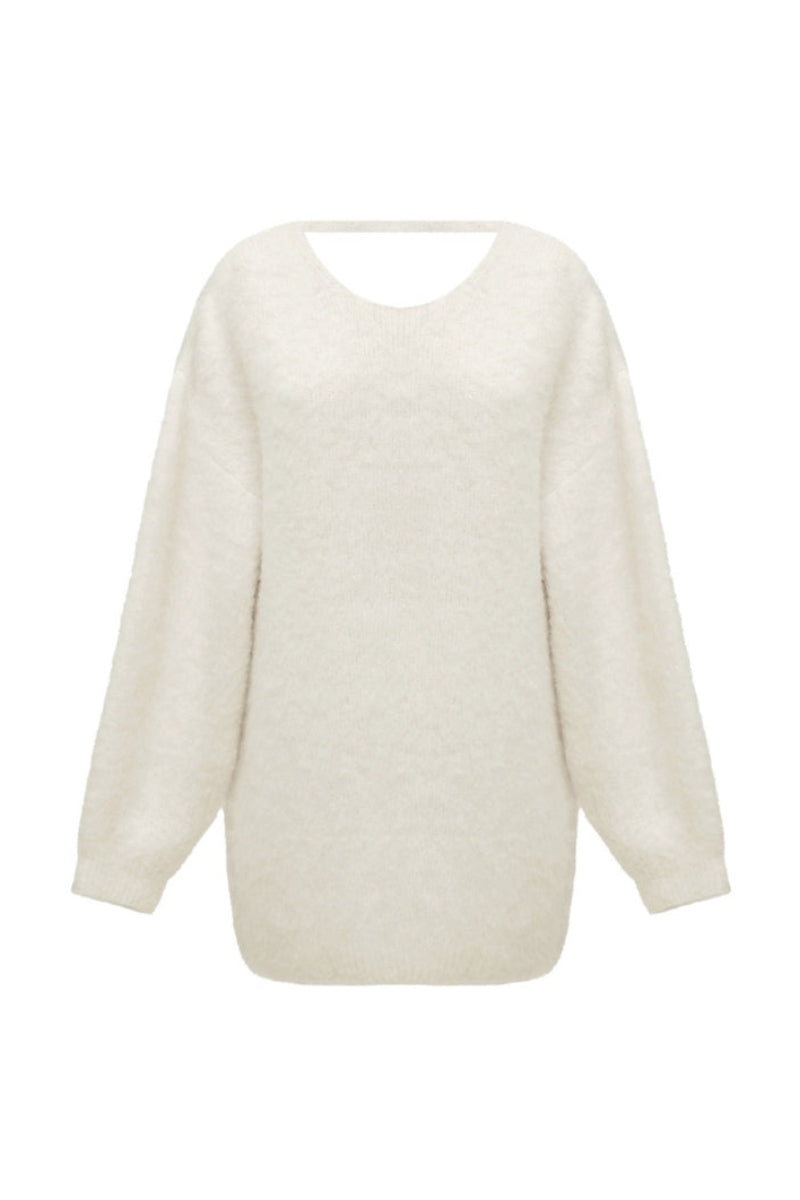 Undress Alexa cream mini sweater dress displayed on a hanger, showcasing its soft knit fabric and fitted silhouette.