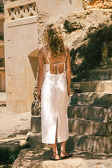 White linen midi dress back tie