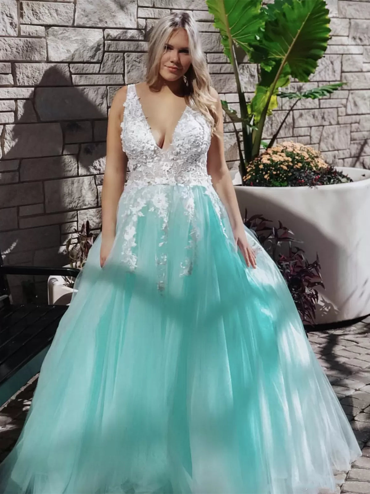 A Line V Neck Turquoise Lace Applique Prom Dresses, V Neck Turquoise Lace Long Formal Graduation Dresses