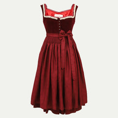 Classic red sleeveless dirndl dress featuring a fitted bodice with button detail, contrasting trim at the neckline, and a wide skirt cinched with a sash bow