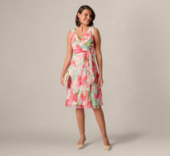 Sleeveless Draped Floral Chiffon Midi Sheath Dress In Coral Green Multi