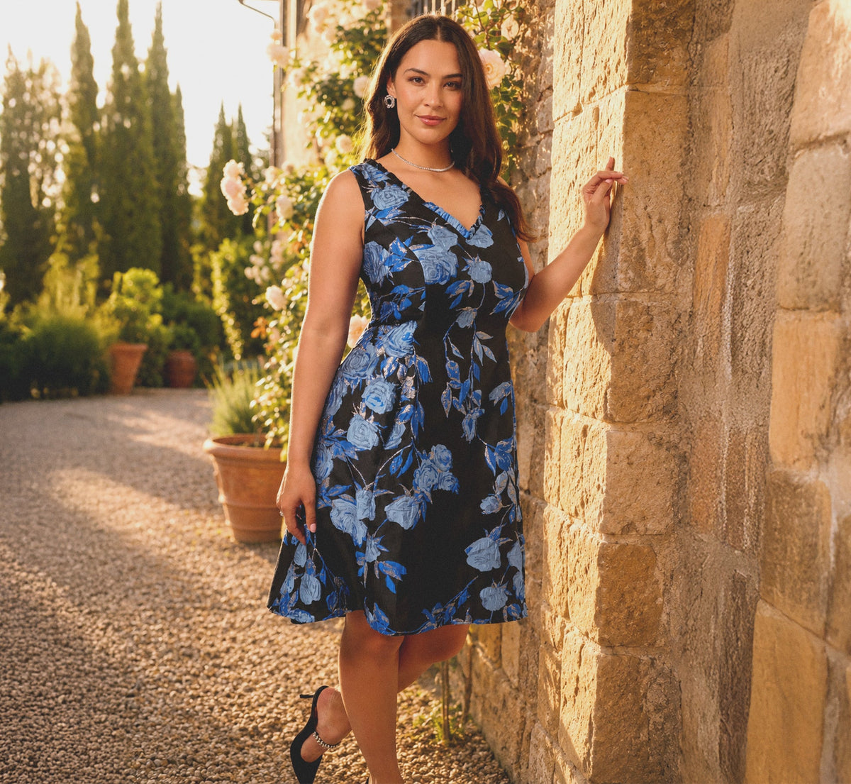 Plus Size Floral Jacquard Short Fit And Flare Dress In Blue Black Multi