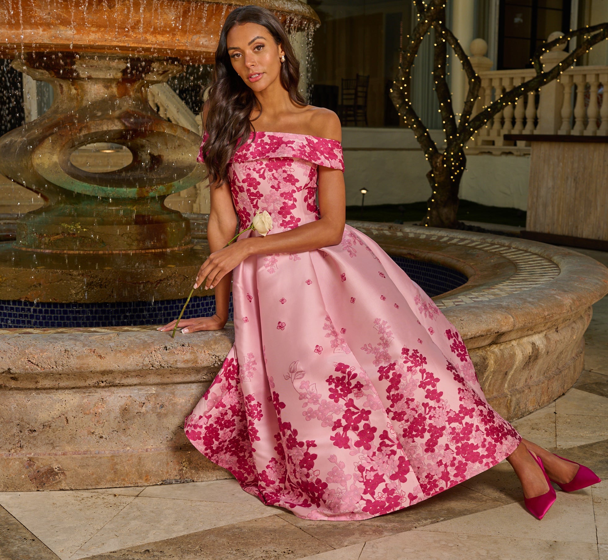 Floral Jacquard Ankle Length Dress With Off The Shoulder Neckline In Pink Multi