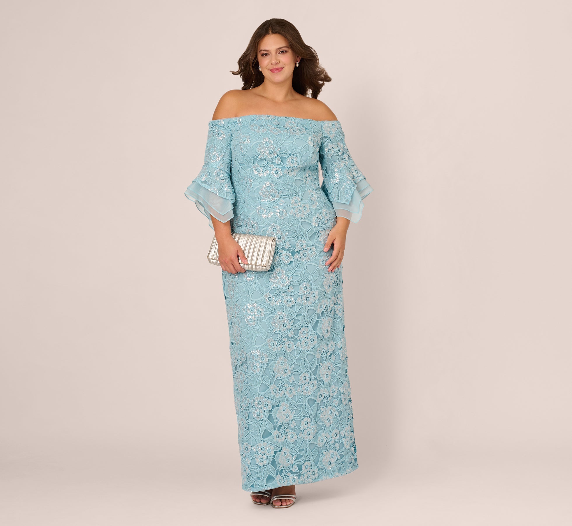 Plus Size Off Shoulder Bell Sleeve Sequin Lace Gown In Airy Aqua