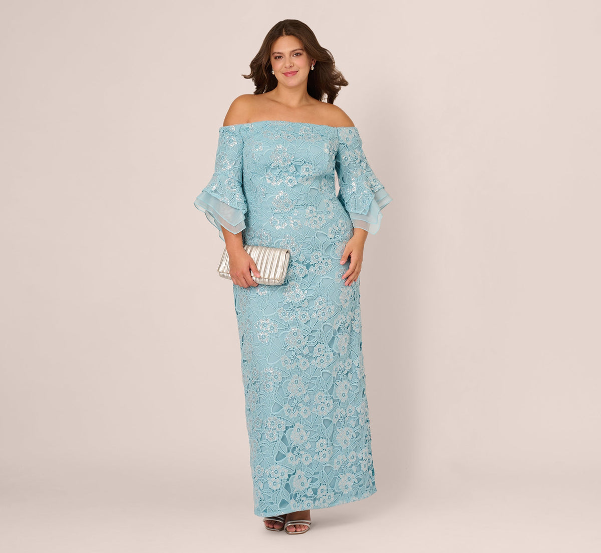 Plus Size Off Shoulder Bell Sleeve Sequin Lace Gown In Airy Aqua