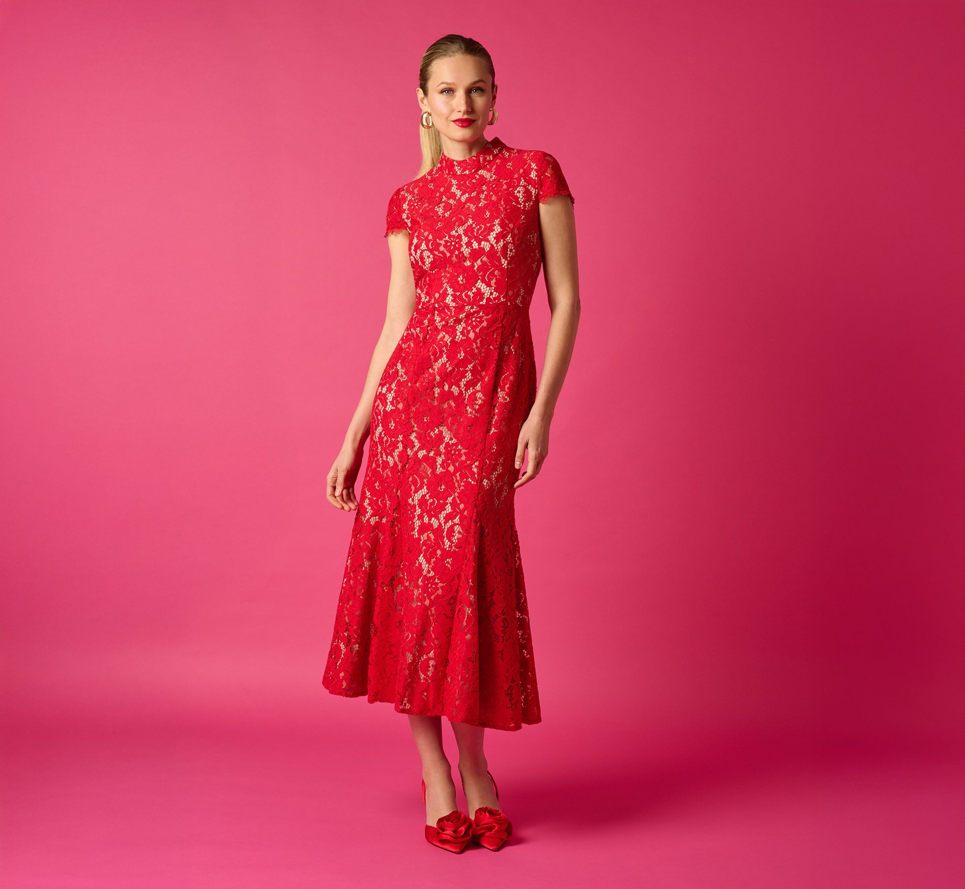 Cap Sleeve Lace Midi Dress In Red Nude