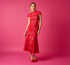 Cap Sleeve Lace Midi Dress In Red Nude
