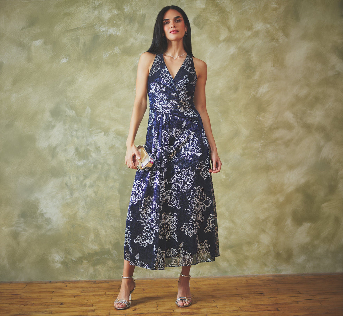 Metallic Crinkle Floral Midi Halter Dress In Black Gunmetal