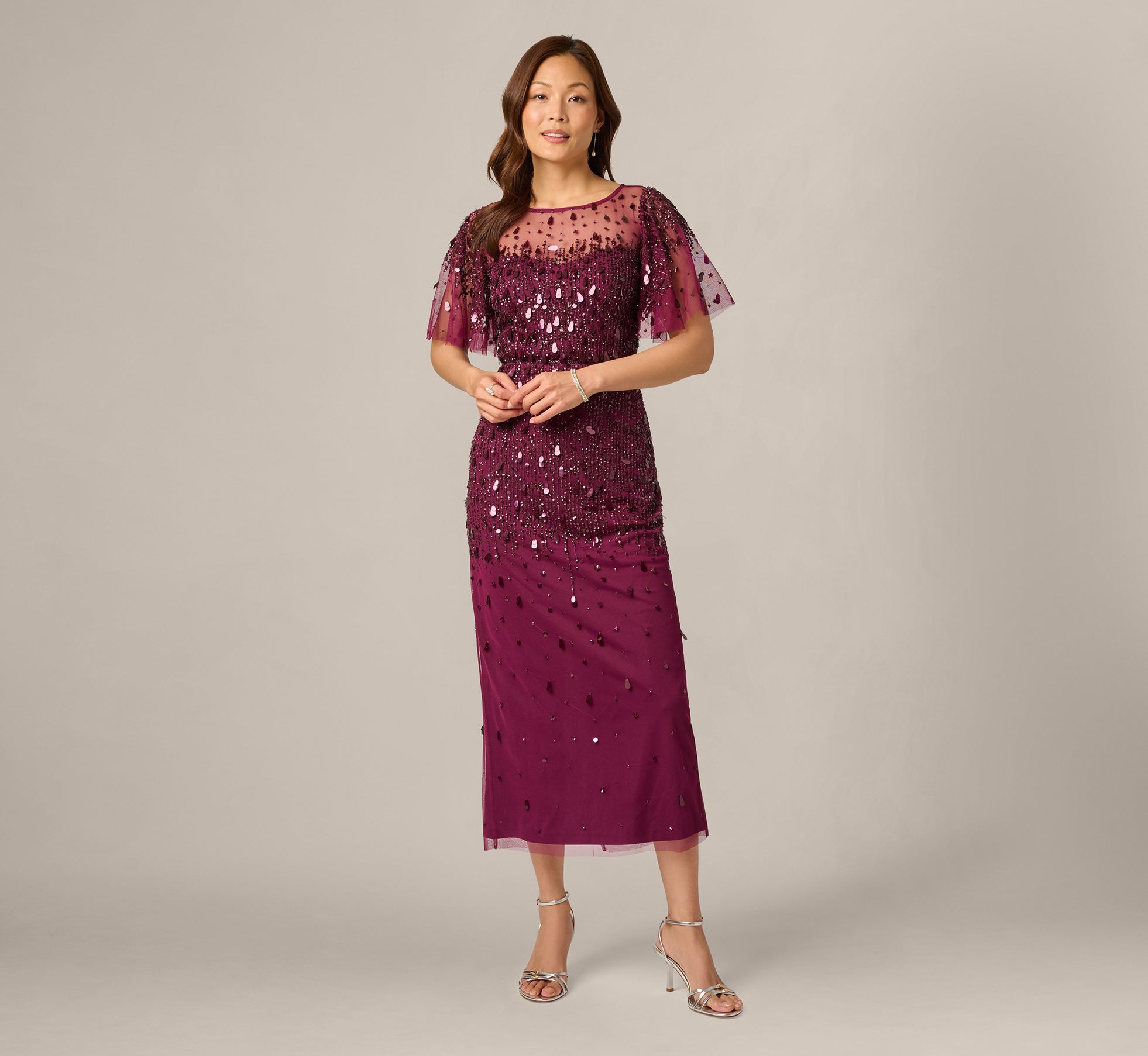 Flutter Sleeve Sequin Beaded Midi Dress In Bordeaux