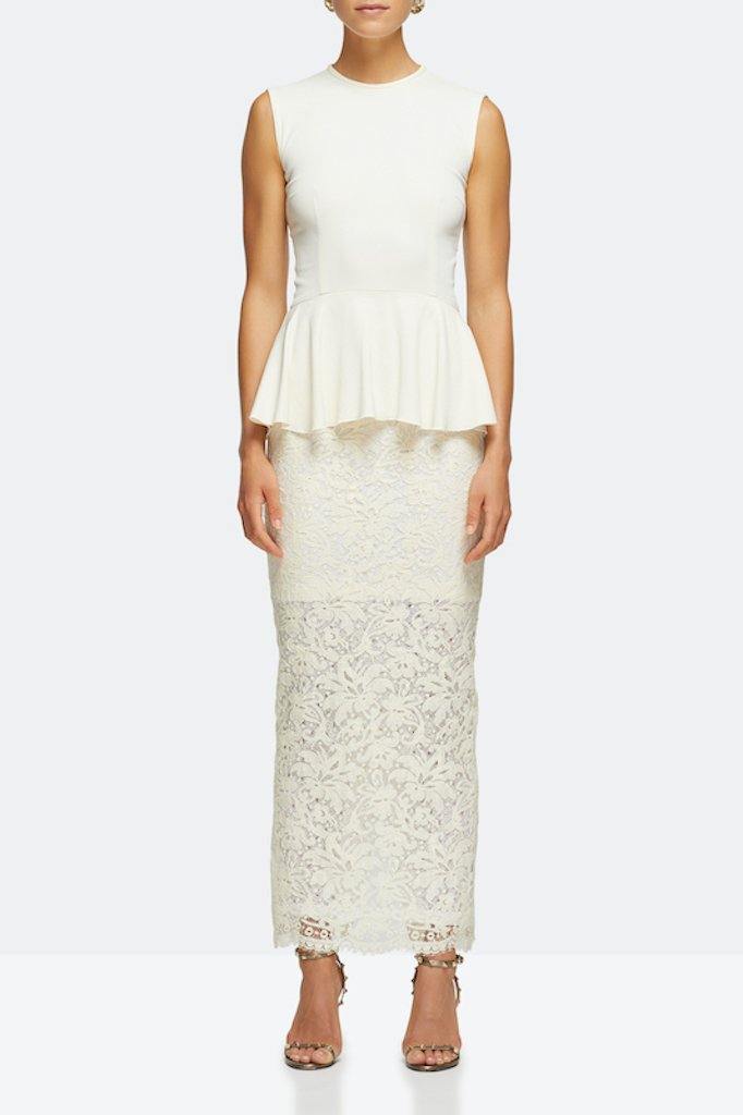 ALESSANDRA RICH - Cream sleeveless bodice and lace pencil skirt with peplum
