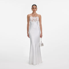 Front view of a woman wearing the White Satin Lace Maxi Dress