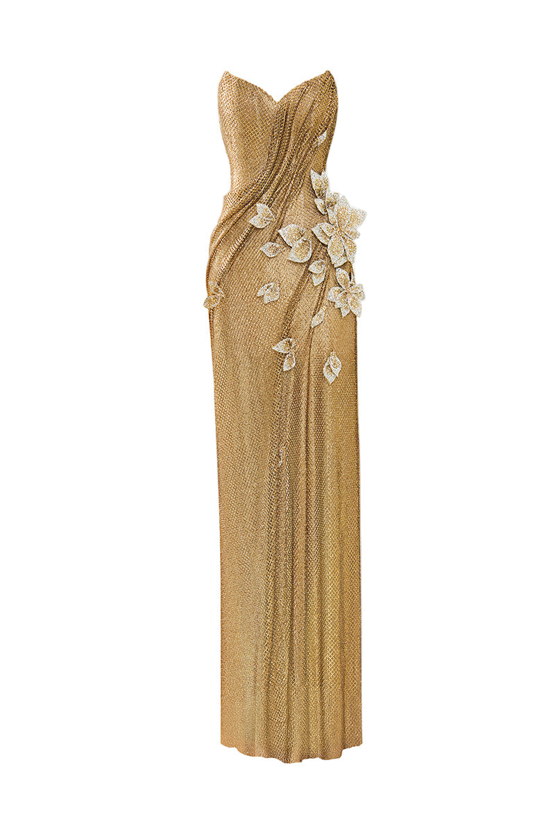 HACCHIC COUTURE Aurelia crystal floral gown featuring intricate crystal embellishments and delicate floral details.