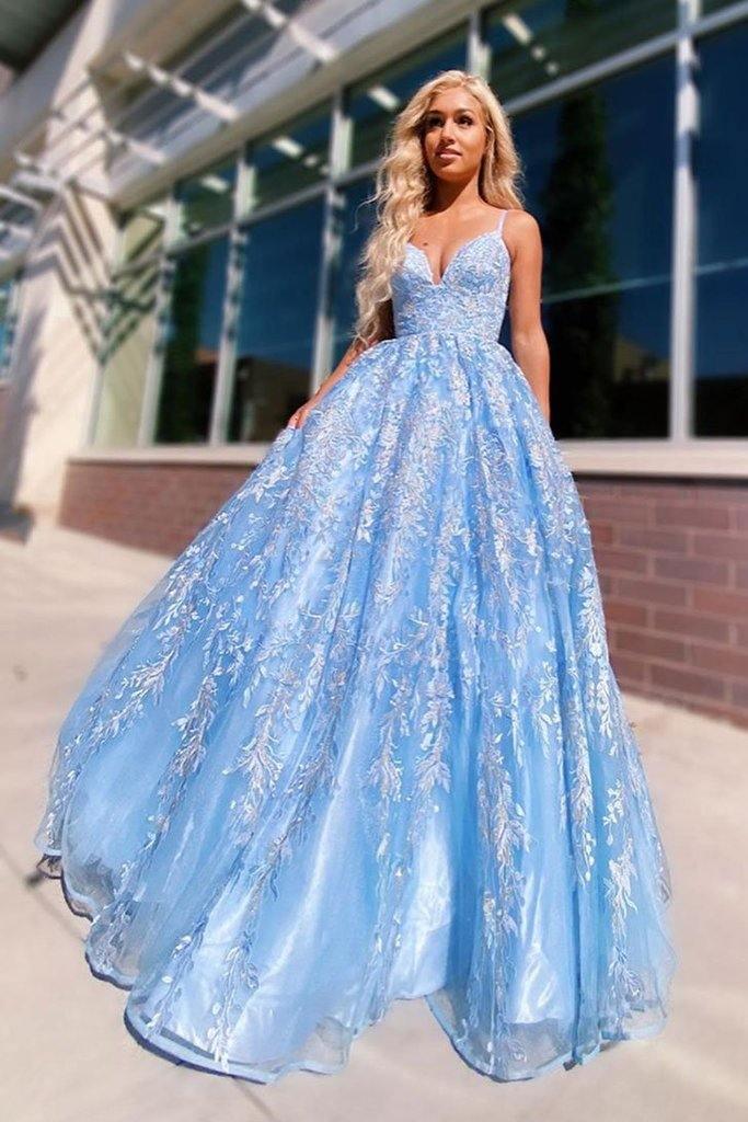 A-line Spaghetti Straps Lace Appliques Sky Blue Long Prom Dresses Evening Dresses TP0912 - Tirdress