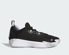 Adidas Initiation basketball shoes in black with a textured knit upper, white midsole, and marbled outsole, side view.