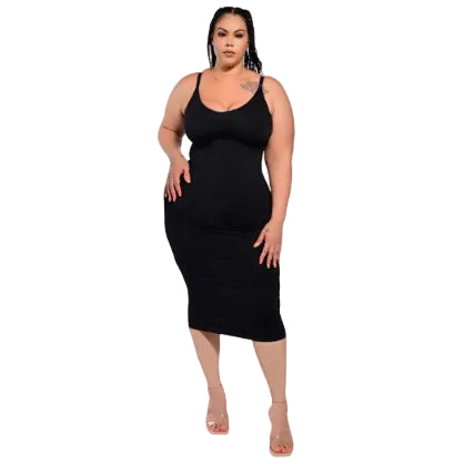 Woman wearing a black sleeveless contour dress on a white background. (front)