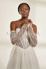 Corset-Style A-Line Wedding Dress with Detachable Sheer Sleeves and Embellishments