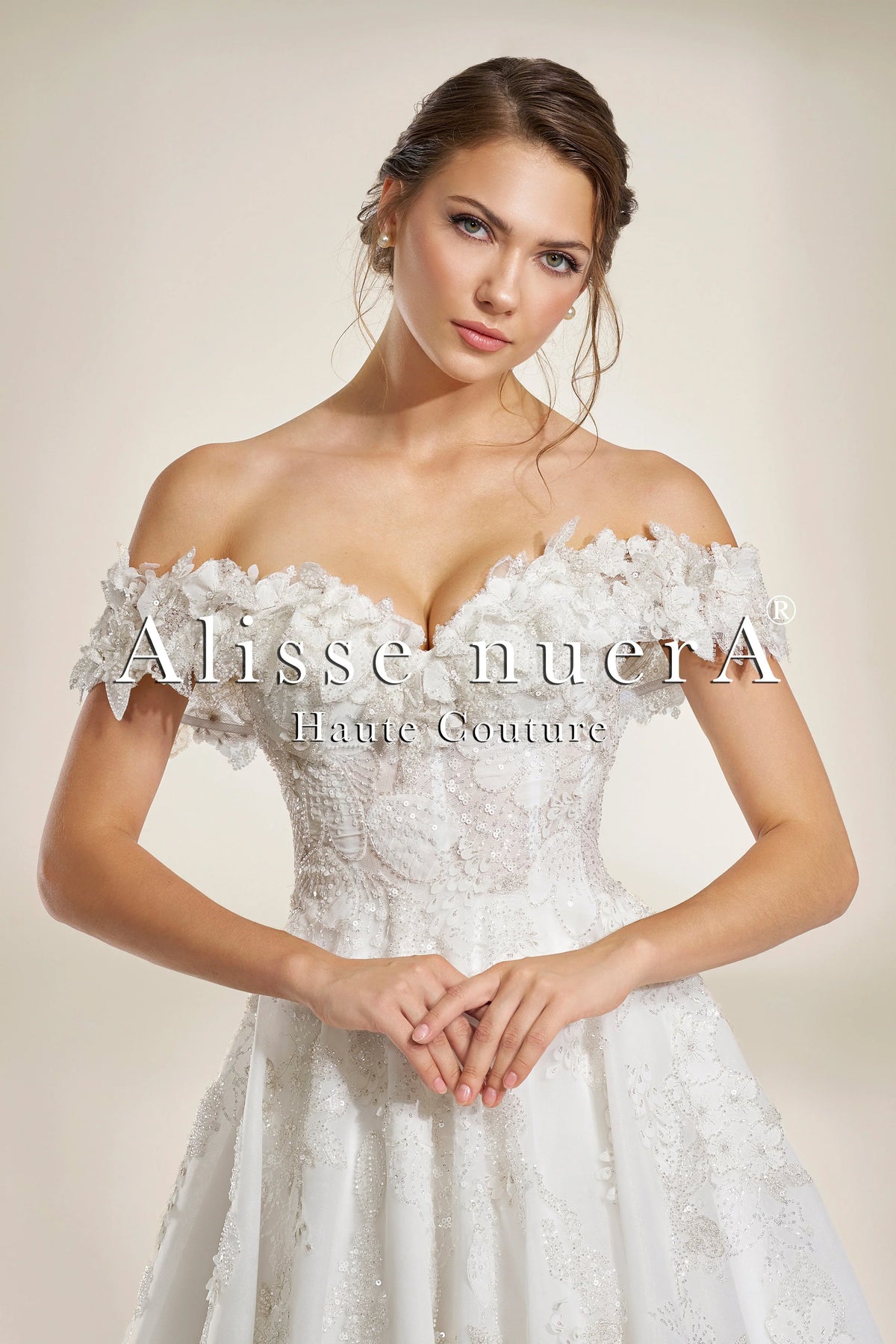 Off the Shoulder A Line Wedding Dress with 3D Leaf Appliqués
