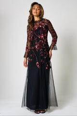 Aliza black floral embellished maxi dress by Frock and Frill with pink and red floral detailing, sheer mesh overlay and ruffle accents for elegant occasion wear styling