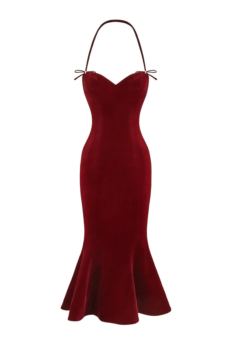 Nana Jacqueline Althea velvet maxi dress in red, flowing elegant dress with long sleeves and a fitted waist.